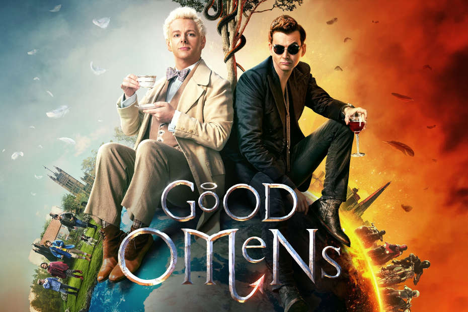 Aziraphale and Crowley perched atop a globe with the Good Omens logo in front